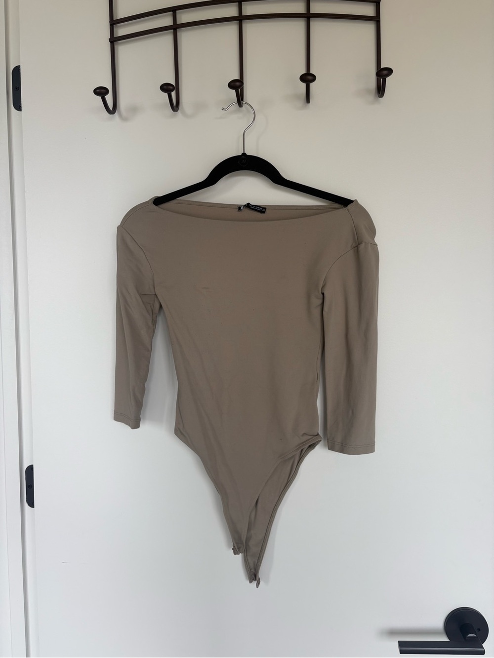 Zara Taupe 3/4 Length Sleeve Bodysuit - Wide Boat Neckline